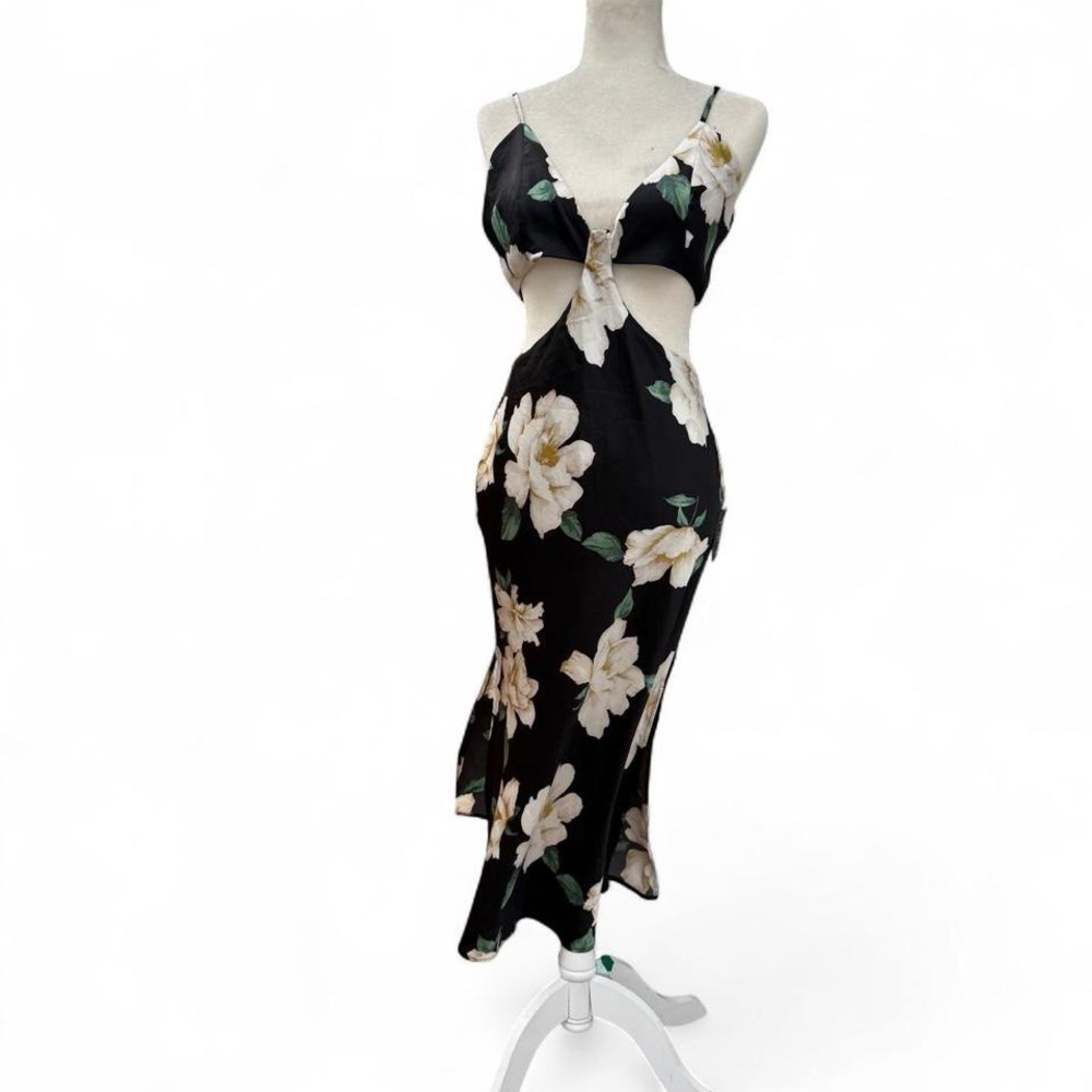 Lulus Midi Dress Womens Medium Black Floral Cutout Satin‎ V-Neck Strappy